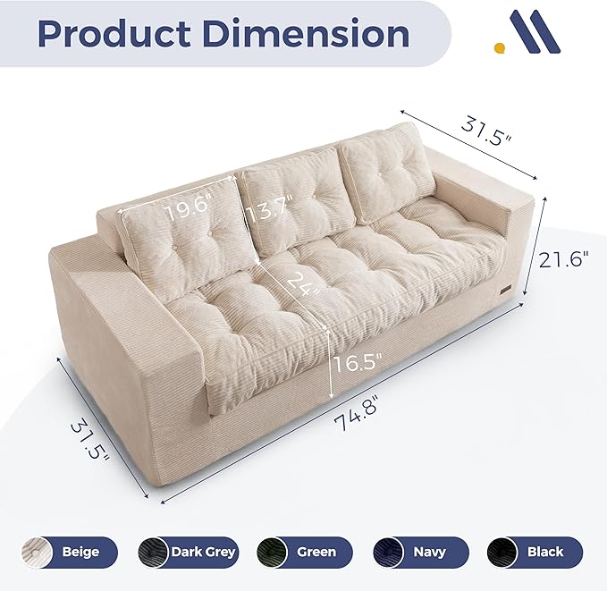 MAXYOYO Modern 3-Seater Sofa Couch Luxury Upholstered Living Room Sofa in a Box Soft High-Density Foam Lounger with Pillows Boneless Couch for Apartment Lounge Room