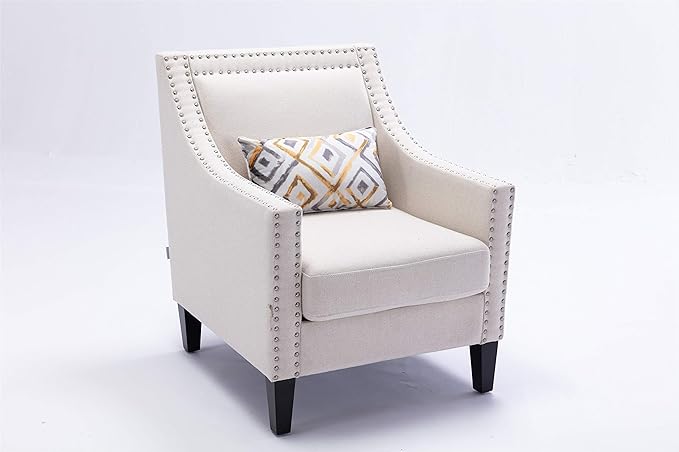 Accent Armchair Living Room Chair with Nailheads and Solid Wood Legs Beige Linen