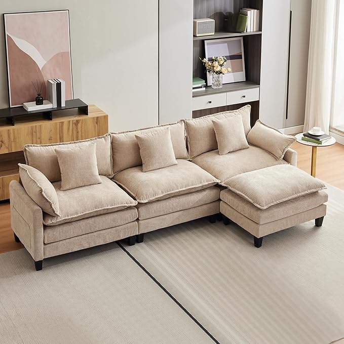 112 Modular Sectional Sofa L-Shape Cloud Couch/Deep Seat/Armrest/Plush Corduroy Fabric No Assembly Required Space-Saving 170 Pounds Chenille Combo Set with 1 Footstool for Living Room