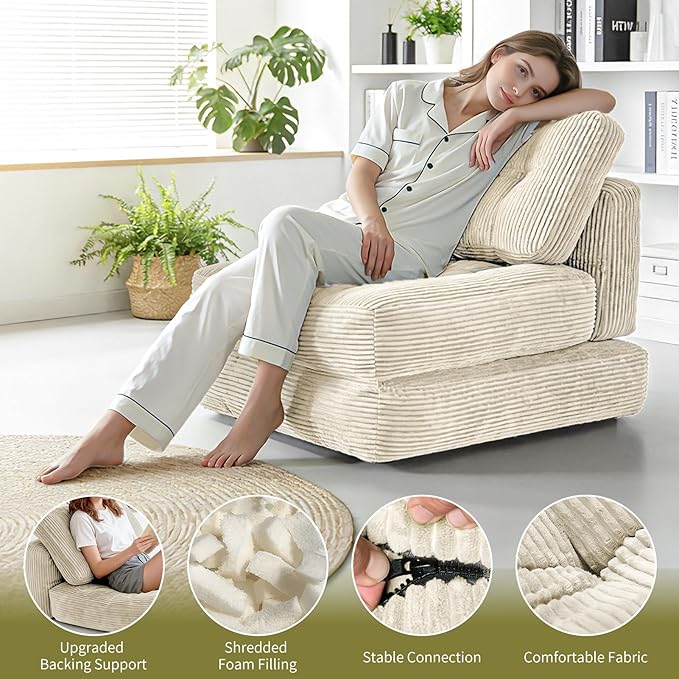 Art3d Folding Sofa Bed Convertible Sleeper Sofa Bed with Pilow &amp Back Support 3 in 1 Long Futon Boneless Couch Comfy Floor Couch for Living Room Bedroom Beige