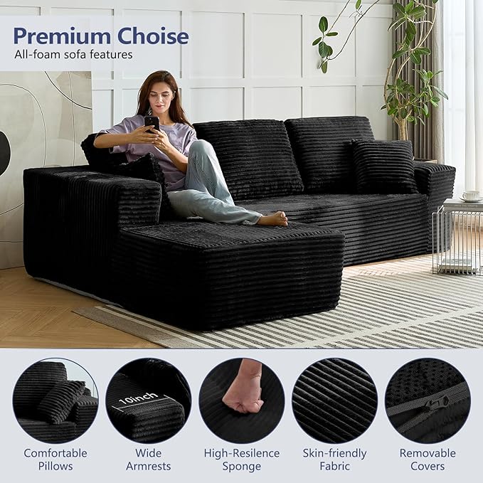 104 L-Shape Couch Modular Sectional Sofa Couches 3 Seat Modular Sofa Corduroy Couch for Living Room Cloud Couch with Oversized Chaise Deep Seat No Assembly Required (Black Left Facing Chaise)