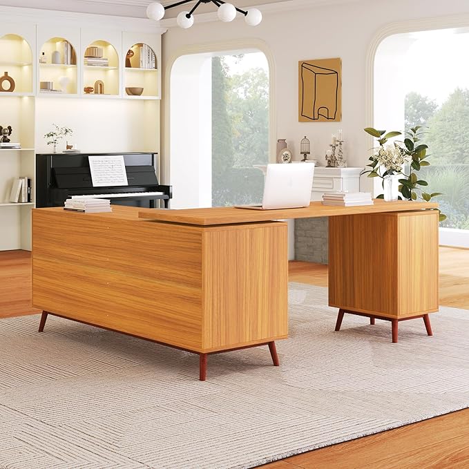 66.5 Modern L-Shaped Executive Desk with Delicate Tempered Glass Cabinet StorageLarge Office Desk with DrawersBusiness Furniture Desk Workstation for Home Office