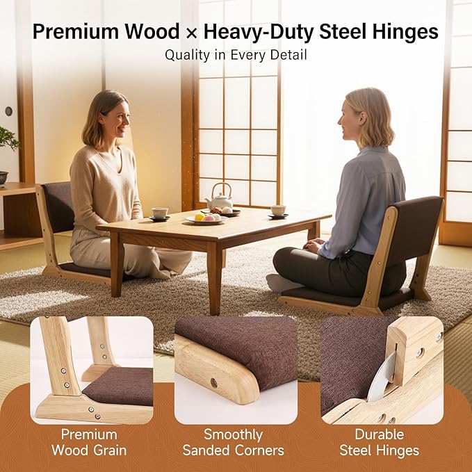 Tiita Foldable Tatami Chair Japanese Floor Chair Wood Legless Back Rest Chairs with Cushion Accent Meditation Floor Chairs Bay Window Wood Brown