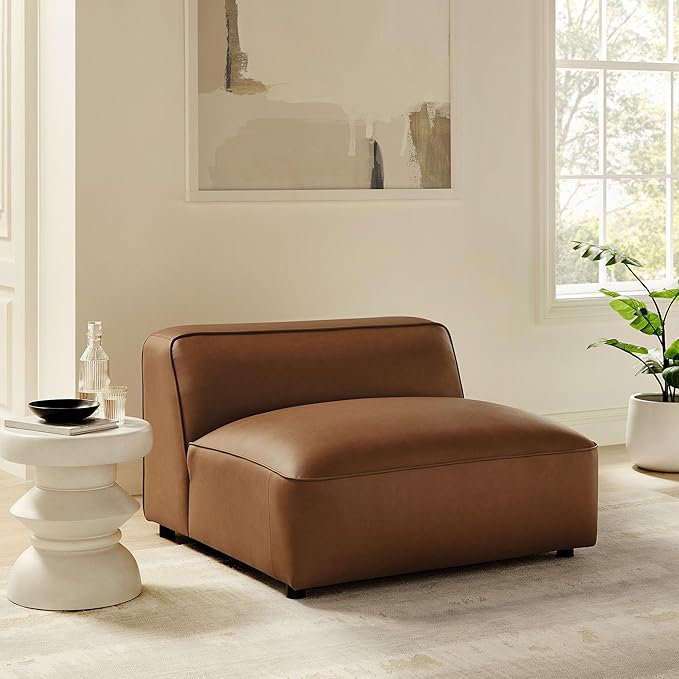 Modway Auren Vegan Leather Modular Armless Chair in Coffee - Faux Leather Slipper Chair - Mid Century Modern Single Sofa Chair - Oversized PU Leather Accent Chair for Living Room Apartment