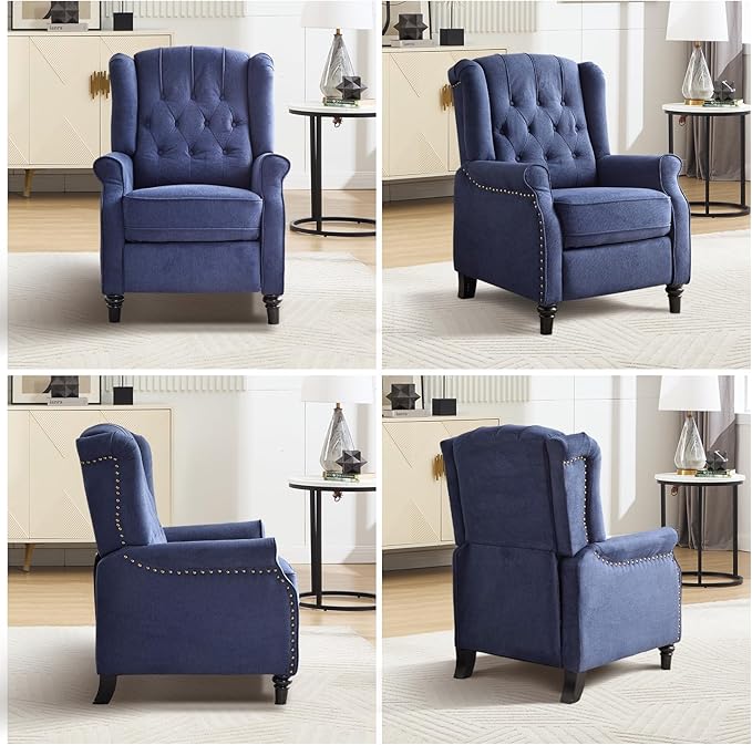 EBELLO 2 Pcs Push Back Recliner Chair Fabric Accent Chair Pushback Recliner with Rivet Decoration Button-Tufted Back Mid Century Wingback Armchair for Living Room Bedroom Blue