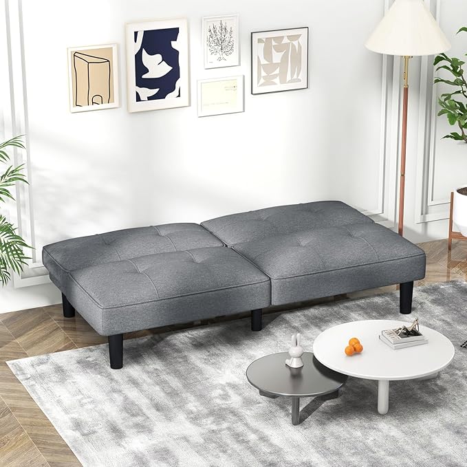 KOMFOTT Convertible Futon Sofa Bed Upholstered Folding Linen Sleeper Couch with 6-Position Adjustable Backrest Thick Cushion Adjustable Recliner Couch Bed Loveseat for Living Room Small Spaces
