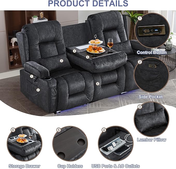 TUNYI Power Loveseat Recliner Sofa with Massage &amp Heat Home Theater Seating with Console RV Recliner Loveseat Sofa with USB/Storage/Side Pocket/LED Light/Speaker (Grey 3 Seat)