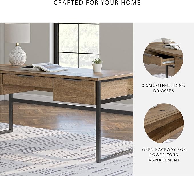 Signature Design by Ashley Montia Contemporary 67 Home Office Desk with Drawers and Cord Management Light Brown &amp Black