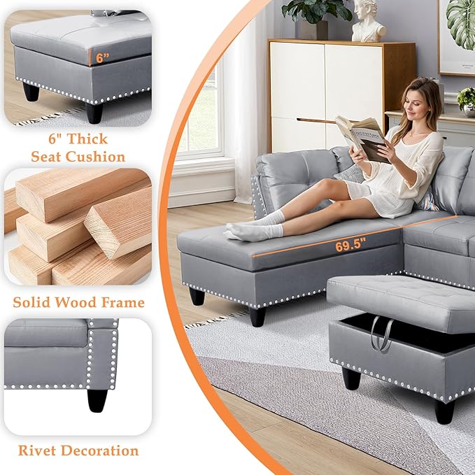 Wakefit Sectional Sofa Couch Modern 4-Seaters Living Room Furniture Sets with Chaise Lounge Ottoman &amp 2 Pillows | L Shape Couch | Cup Holder | Faux PU Leather Gray