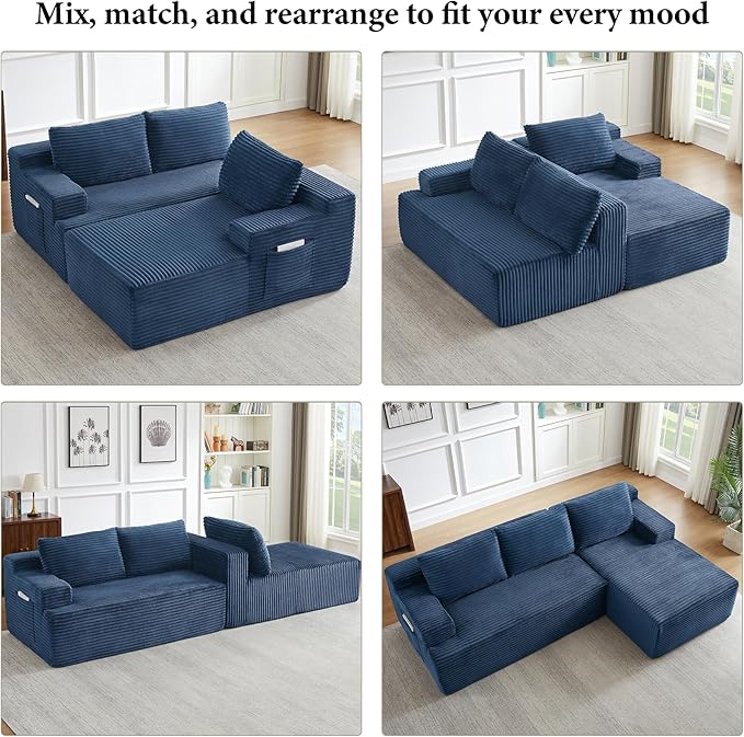 Boneless Couch Corduroy Cloud Sofa 96'' Sectional Couches Deep Seat L-Shaped Sofa No Assembly Pet-Friendly Apartment Couch for Living Room Small Spaces in a Box