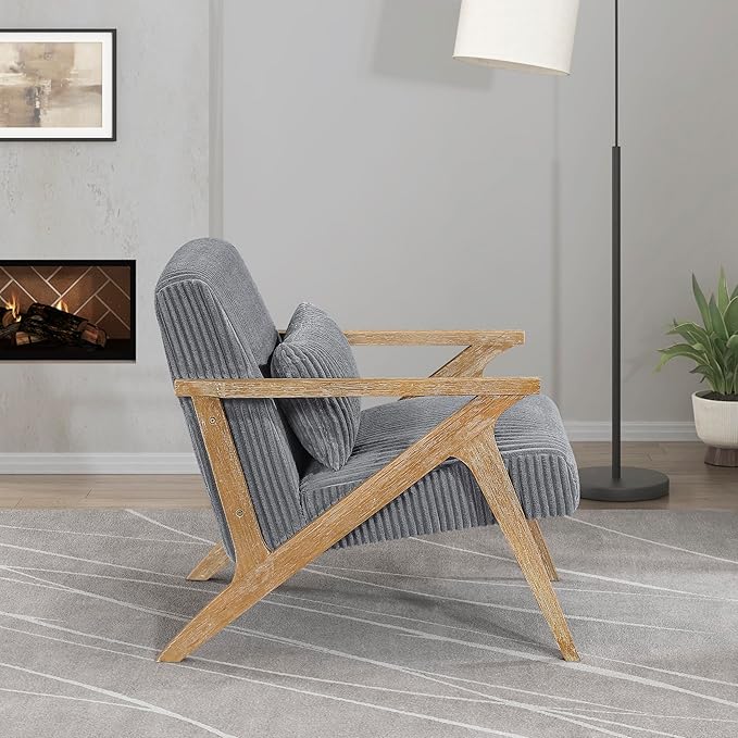 Lexicon Mid Century Modern Accent-Chair with Lumbar Pillow Brown Solid Wood Frame Comfy Corduroy Upholstered Lounge Arm Chair for Living Room/Bedroom/Office/Reading Nook Assembly Required Grey
