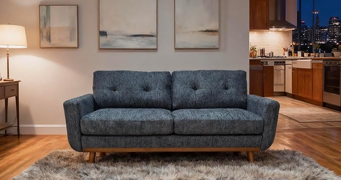 67.7 Loveseat Couch Midcentury Modern Sofa with Upholstered Tufted Back &amp Solid Wood Legs Mini Couch for Bedroom Office Apartment Easy Assembly Blue Gray