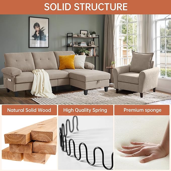 2PCS Sectional Sofa Set with OttomanModern Linen 4 Seater Couch Set with Side Pockets 3 Seat Couch and Armchair for Small Space(3+1Seat/Beige)