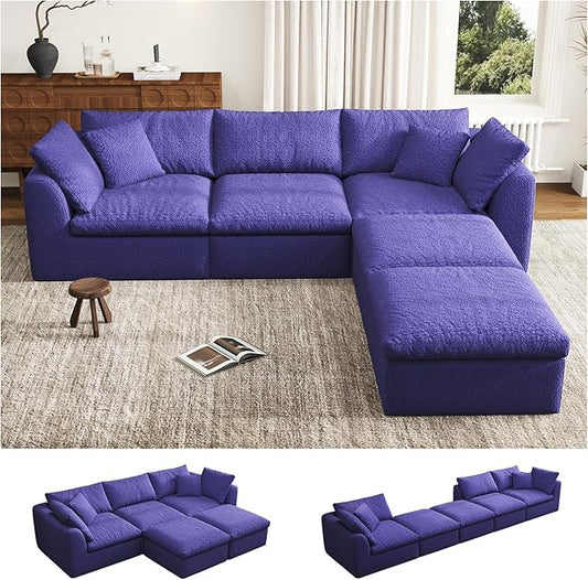 108 Modular Sectional Sofa with Movable Ottoman No Assembly Required Boneless Cloud Couch Deep Seat L Shaped Sectional Couches for Living Room Bedroom and Apartment Purple