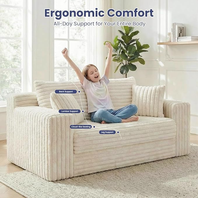 3-in-1 Convertible Sofa Bed: Boneless Loveseat Sleeper &amp Folding Couch Bed with 4 Pillows &amp Detachable CushionFurry Futon Couch for BedroomApartmentOffice and Living Room No AssemblyBeige