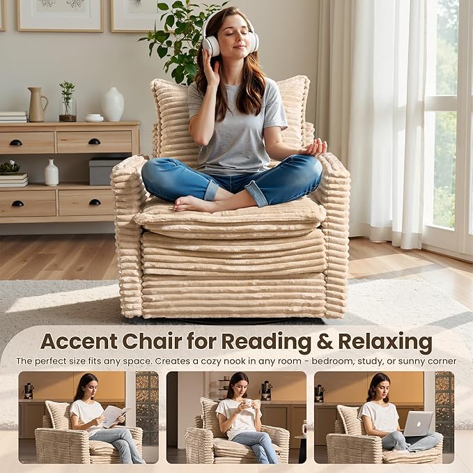 Swivel Accent Chair Set of 2 Modern Sofa Chairs for Living Room Plush Upholstered Cloud Chair with Double Layer Thick Cushions Bedroom Reading Nook Armchair Beige