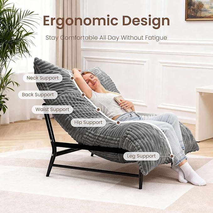 Modern Accent Chair Giant Bean Bag Lounge Chairs with Sturdy Metal Frame &amp Washable Cover Comfy Upholstered Chair for Reading Room Bedroom Grey