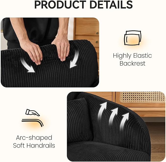 Modern Accent Chair Comfy Upholstered Corduroy Armchair Stylish Lounge Reading Chair for Living Room Bedroom Black