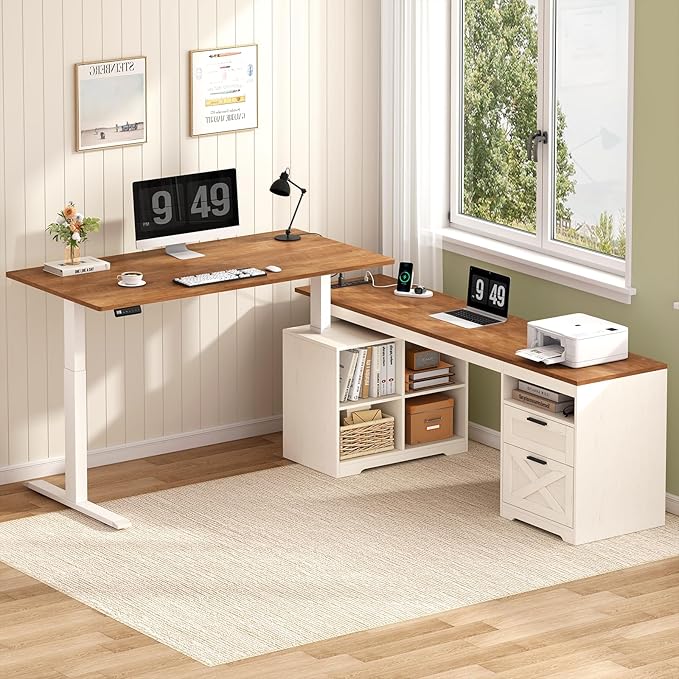 Farmhouse L Shaped Standing Desk 66 inch Corner Electric Standing Desk with Drawers ＆ Storage Shelves Height Adjustable Computer Desk with Power Outlets for Home Office Antique White