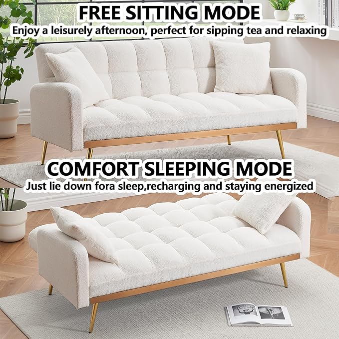 Comfy Futon Sofa Bed with 2 Pillows White Futon Couch Bed with Gold Legs Small Convertible Sofa Bed Couch for Living Room Modern Loveseat for Bedroom Curved Arms Plush Tufted-ShapedTeddy (Beige)