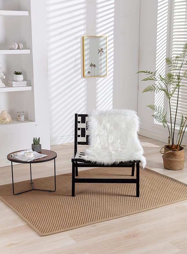 Solid Wood Frame Chair with White Faux Wool. Modern Accent Chair Lounge Chair for Living Room