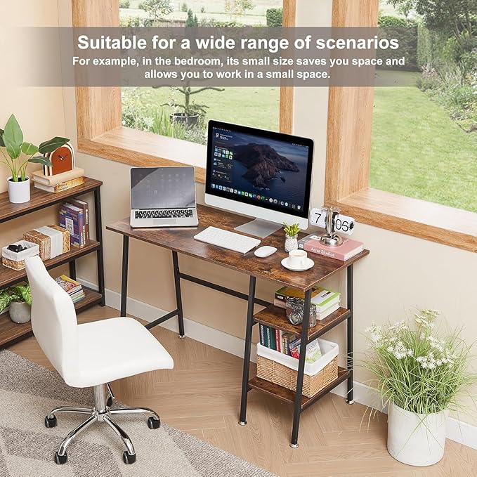 VECELO 43 Inch Computer Desk Writing Study Work Office Table Modern Desk with Shelves Wooden Desk for Home BedroomWalnut Desk