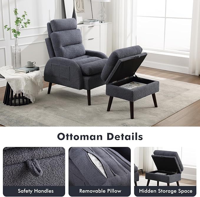 Accent Chair with Ottoman Comfy Reading Chair with Ottoman Set Modern Oversized Velvet Lounge Armchair with Adjustable Backrest for Living Room Bedroom (Teddy Blue Grey)