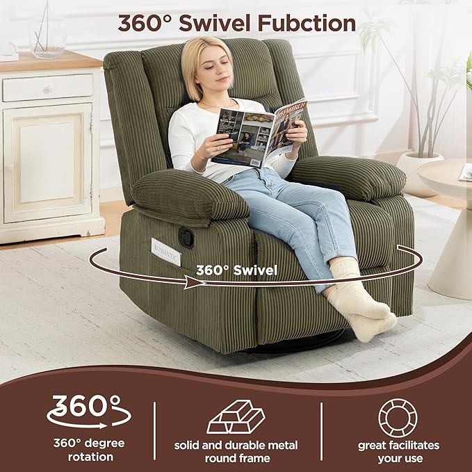 360° Swivel Rocker Recliner Chair for Adults Manual Reclining Chair with Comfortable Arms and Back Upholstered Glider Rocking with Side Pockets for Living Room Bedroom Corduroy Green