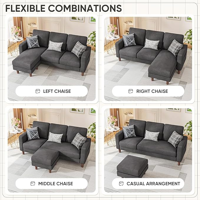 Homall Convertible Sectional Sofa 3 Seat L Shaped Couch with Side Storage Pocket Sofas with Movable Ottoman Small Linen Couches for Living Room &amp Apartment (Linen Fabric Dark Grey)
