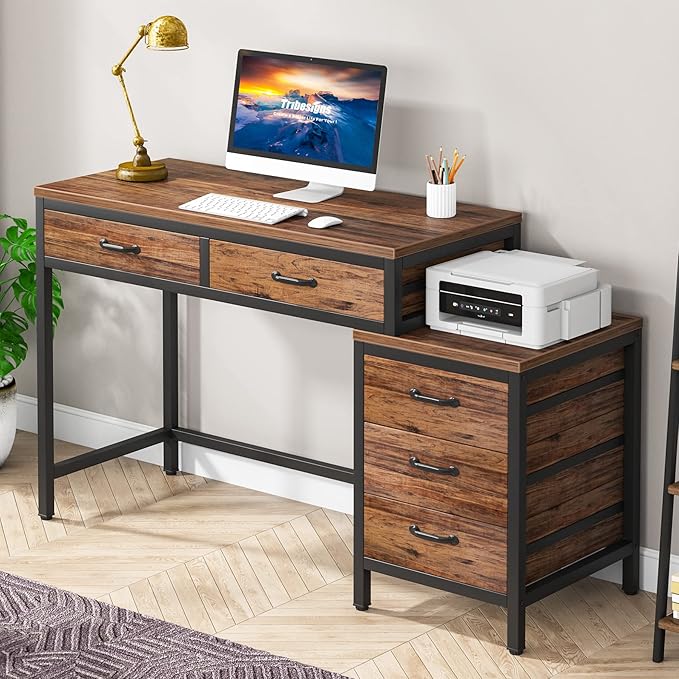 Tribesigns Computer Desk with 5 Drawers Home Office Desks with Reversible Drawer Cabinet Printer Stand Industrial PC Desk with Storage Rustic Study Writing Table Workstation for Small Spaces
