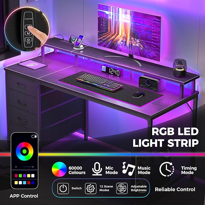 DUMOS Computer Desk with 4 Drawers4 Drawer Gaming Desk with with Power Outlets and LED LightsOffice Desk for Small Spaces with Monitor ShelfWriting Desk for Home Office BedroomStudy 39 Inch Black