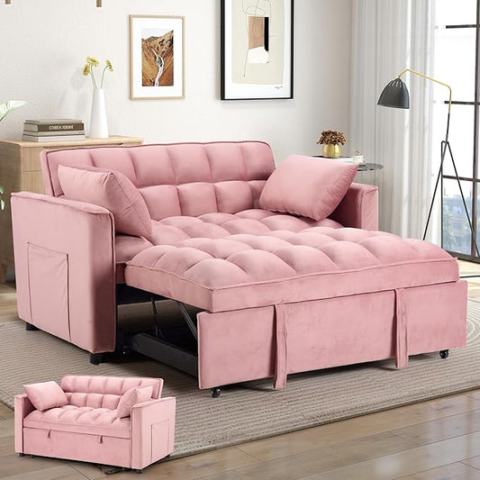 EBELLO 3 in 1 Convertible Sleeper Sofa Bed Modern Velvet Loveseat Couch Pullout Bed for Living Room Small Love Seat Lounge Sofa with Reclining Backrest Pillows and Side Storage Pocket Pink