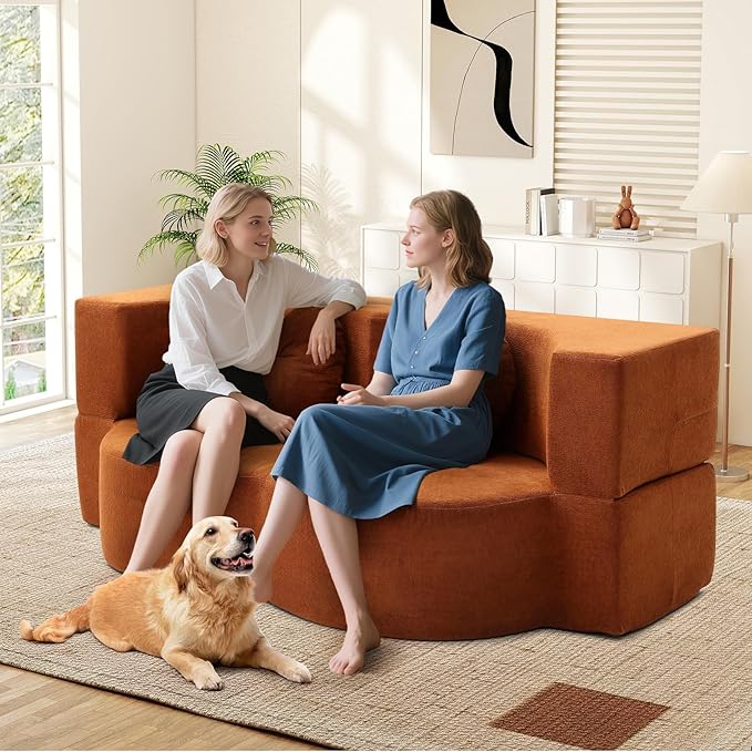Folding Futon Sofa Bed Modern Convertible Fold Out Chenille Cloud Memory Foam Boneless Floor Lounge Loveseat Sleeper Mattress Sofa Couch with 2 Pillows for Guest Room Living Room Office Orange
