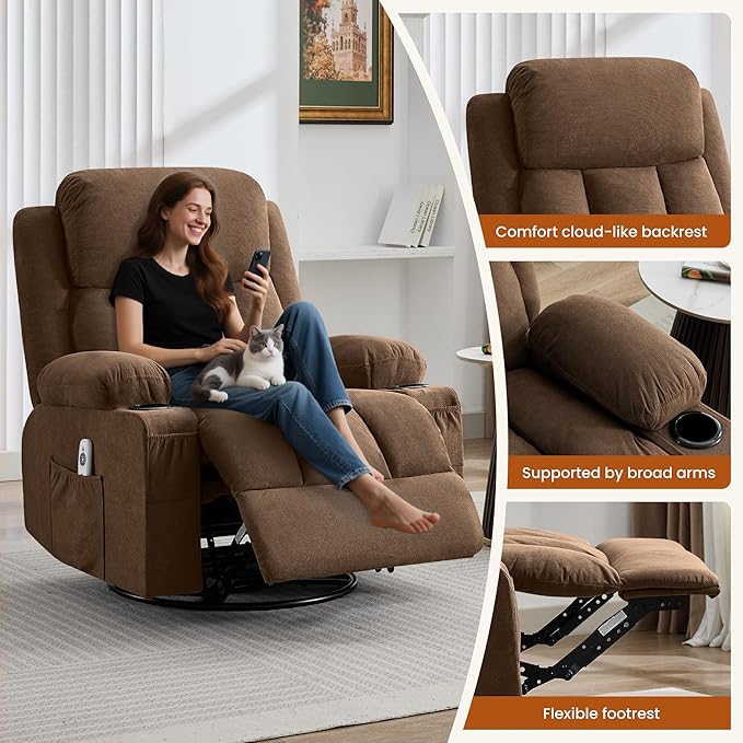 Massage Recliner Chair with Vibration Massage and Lumbar Heating for Living Room Swivel Rocker Recliners Single Sofa with Side Pocket &amp 2 Cup Holders Soft Comfort Ergonomic Design (Brown)