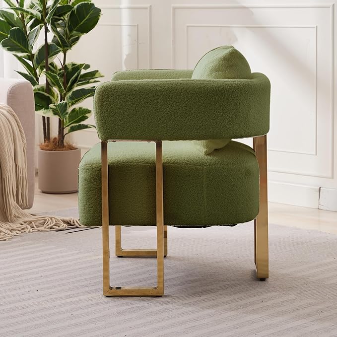 YISHENG Modern Barrel Accent Chairs Set of 2 Living Room Side Chairs with Golden Metal Legs Soft Teddy Upholstered Reading Armchairs no Wheels for Vanity/Reception Room//Bedroom/Lounge/Office Green