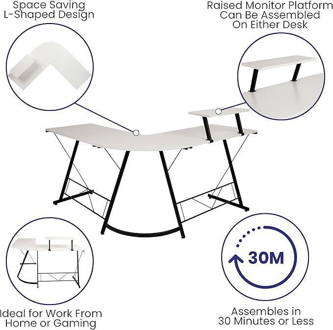 EMMA + OLIVER Home Office Desk - White L-Shaped Computer Desk Gaming Desk Home Office Desk