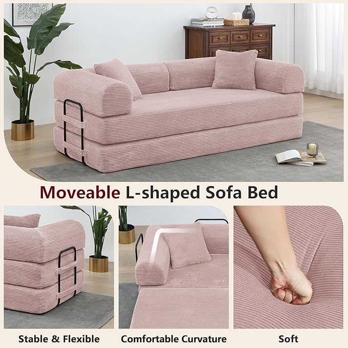 JJJ 63 inch Sofa Bed 4-in-1 Boneless Convertible Corduroy Sleeper Folding Couch with Fixed-Shape Frame and 2 Futons No Assemble Required 3 Seater Upholstered for Living Room (Pink 63 inch)