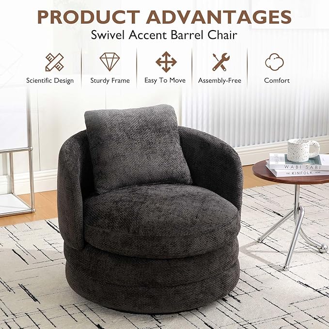 Beige Swivel Accent Chairs for Living Room Round Swivel Barrel Chair with Comfy Pillow &amp Curved Backrest Small Upholstered Armchair for Small Spaces Bedroom Office (Dark Gray)
