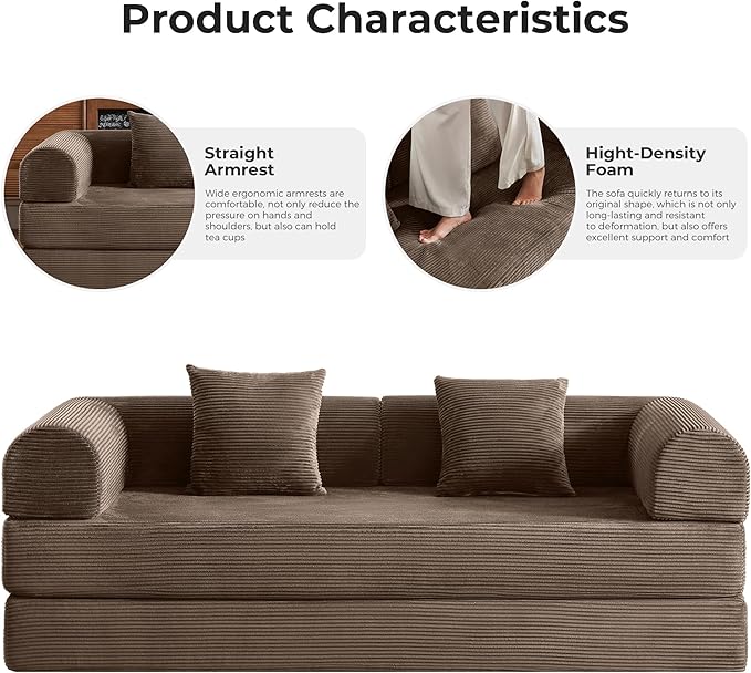 5-in-1 Convertible Sofa Bed | 79 Fixed Frame with High-Resilience Memory Foam Easy Setup | Durable Corduroy Converts to Full Bed Great for Family Living Room (Brown)