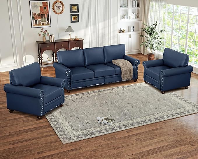 Antetek 3-Piece Comfy Upholstered Faux Leather Sofa Couch Set Mid-Century Modern Single Sofa Chair(2 Units) + 3 Seater Couch(1 Unit) with Storage Space for Living Room Furniture Set Navy Blue