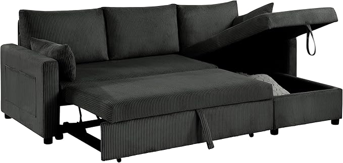 Sectional Sleeper Sofa with Pull Out Bed LShape Convertible Sofa Bed Couch with Storage Chaise 3 in 1 Pull Out Sofa Bed with 3 Seats for Living RoomApartment Black 85Inch
