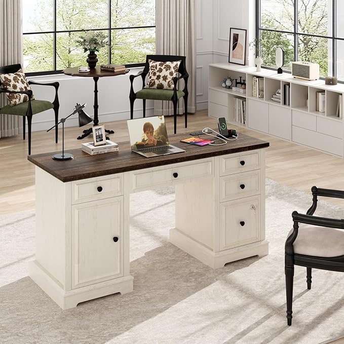 Vipbear 59 Executive Desk Farmhouse Computer Desk with Drawers Lockable File Drawer Storage Cabinet &amp Power Outlet Rustic Home Office Desks Workspace for Work Study Writing White