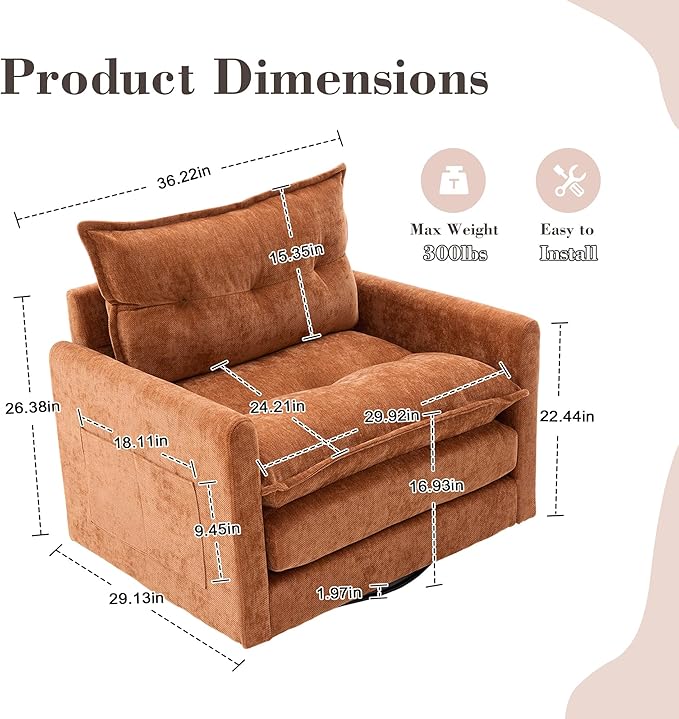 Oversized Swivel Chair 36 Chenille Swivel Armchair Accent Chair for Living Room Mid Century Modern Comfy Thick Padded Arm Chairs Brown