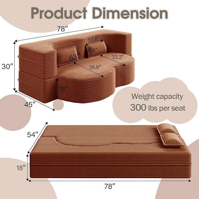 78 Convertible Sofa Bed 2-in-1 Folding Floor Couch with 2 Pillows Sleeper Sofa for Living Room and Bedroom No Assembly Required (Orange Corduroy Fabric)