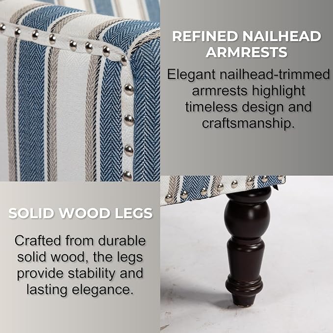 Coastal Style Stripe Accent Chair Mid-Century Upholstered Armchair Single Sofa with Nailhead Trim Wood Legs for Living Room Patio Blue Stripes.