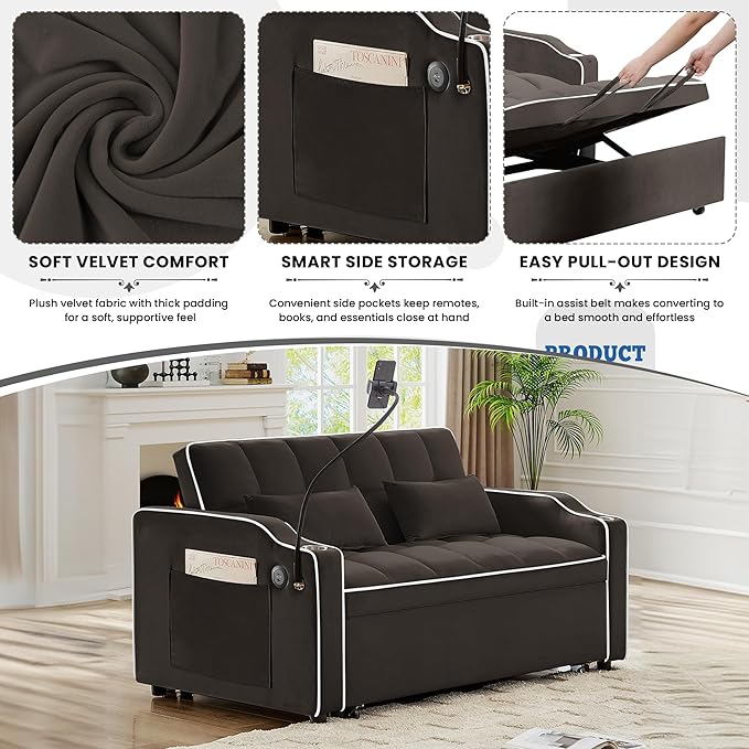 TTK 3-in-1 Convertible Velvet Sleeper Sofa Bed Pull-Out Loveseat with Adjustable Backrest USB Port &amp 2 Pillows Swivel Phone Stand &amp Storage Pockets Modern Futon Couch for Living Room (Brow