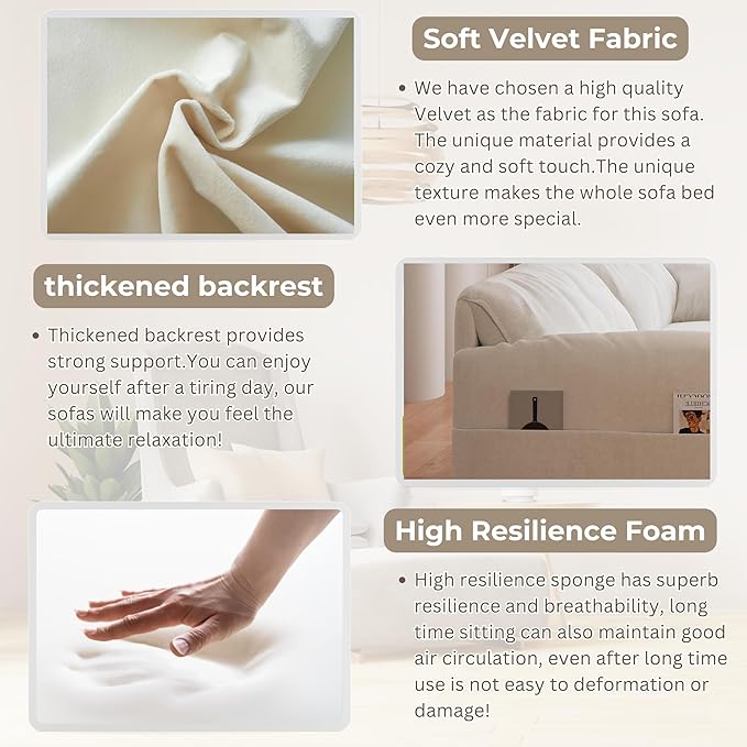 3 in 1 Convertible Queen Sleeper Sofa Bed Comfy Pull Out Futon Couch Bed 66 Modern Velvet Recliner Loveseat Sofa Multi-Functional Beige Cloud Couch for Living RoomApartmentOffice (Beige 66)