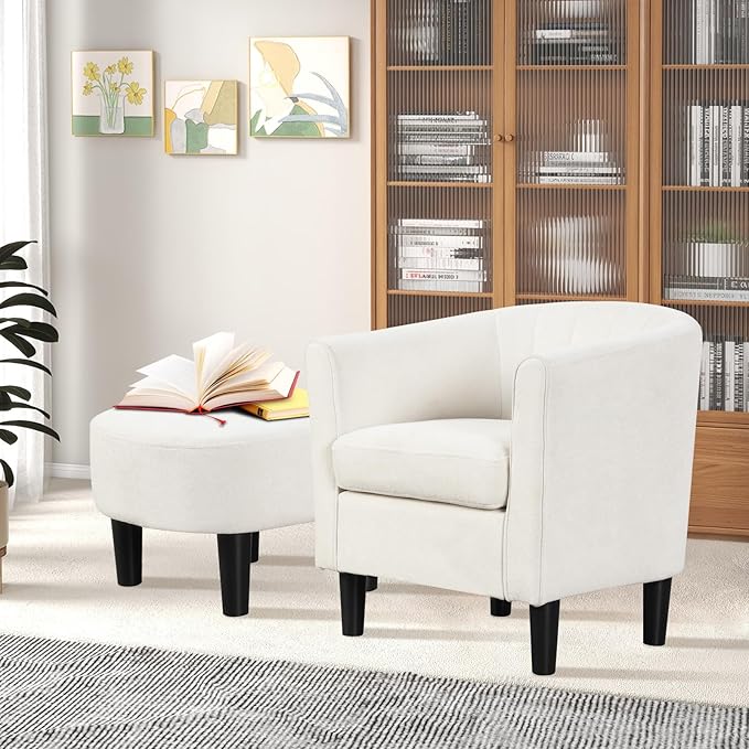 Giantex Modern Accent Chair with Ottoman Upholstered Teddy Velvet Barrel Club Chair w/Footrest Curved Backrest &amp Armrests Non-Slip Felt Pads Comfy Accent Arm Chair for Living Room Bedroom Be