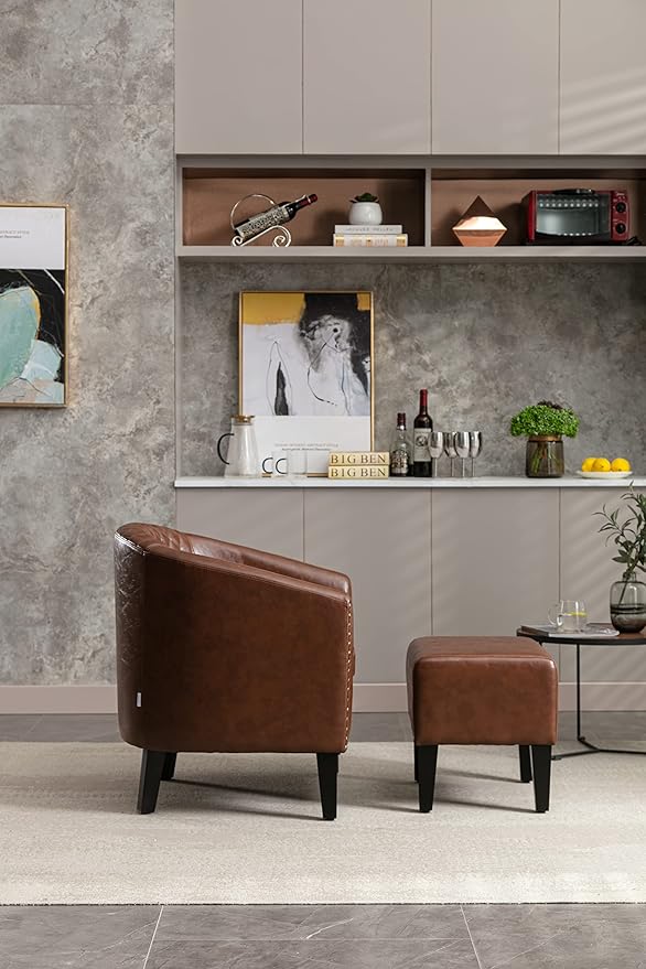 Accent Chair with Ottoman Mid Century Modern Barrel Chair Upholstered Club Tub Round Arms Chair for Living Room