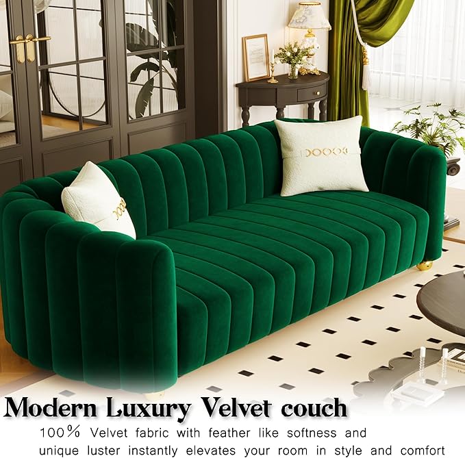 83 Green Velvet Couch Luxry Modern Sofas for Living Room Velvet Sofa 3-Seater Solid Wood Frame with Gold Metal Legs and Two Pillows Emerald Green Couch